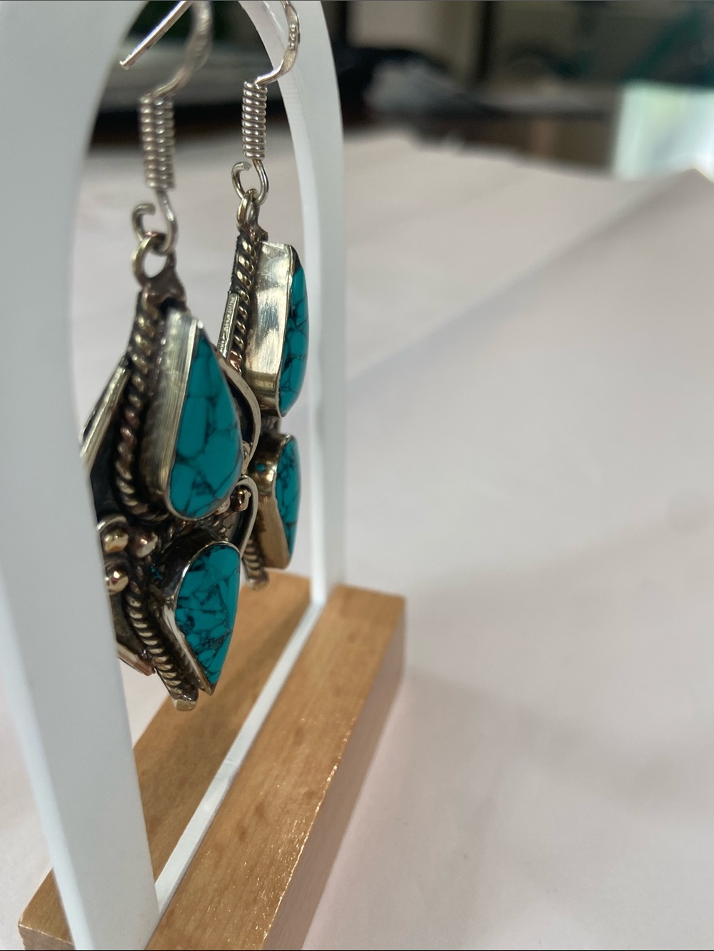 Tibetan Turquoise Teardrop Earrings in 925 Sterling Silver. - Picture 6 of 15